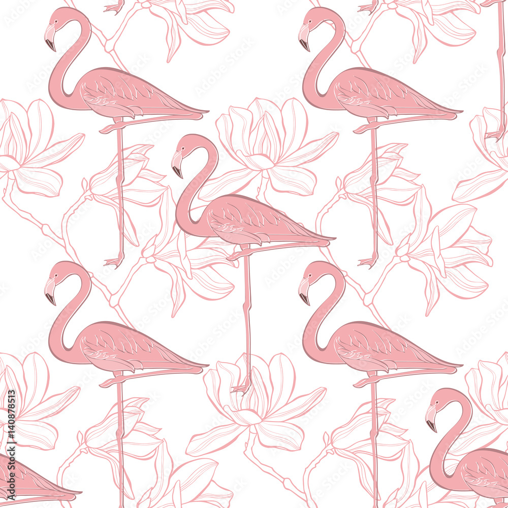 Flamingo and magnolia. Seamless vector pattern on a white background. Flamingo and magnolia. Seamless vector pattern on a white background.
