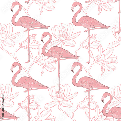 Flamingo and magnolia. Seamless vector pattern on a white background.