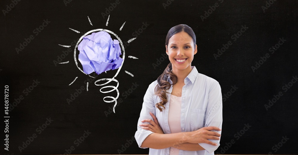 Woman smiling with bulb graphic
