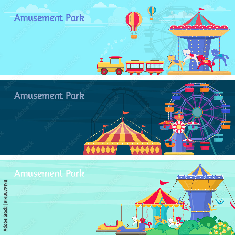 Amusement park banner set with different carousels and swings