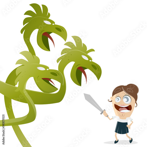 woman fighting against large dragon