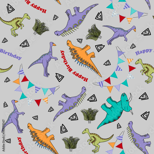Kids seamless background for birthday with stylized dinosaurs, garlands and inscriptions Happy Birthday