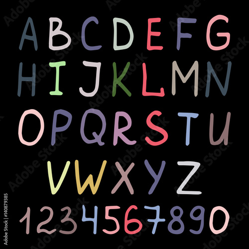 Colorful handwritten alphabet on black