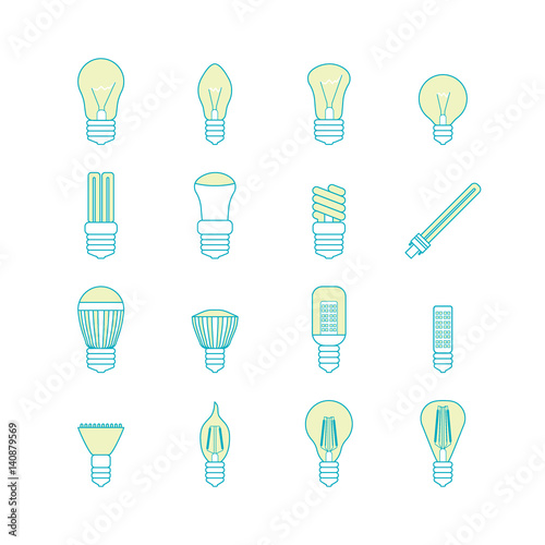Different Lamp or Light Bulbs Line Icons Set. Vector
