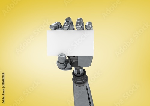 Robot hand holding a blank card against yellow background