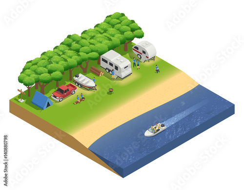 Recreational Vehicles On Beach Isometric Composition