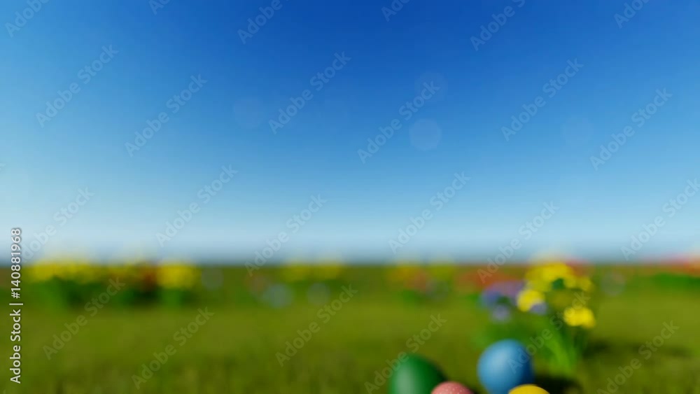 Easter eggs on green meadow over blue blurry sky, tilt Easter eggs on green meadow over blue blurry sky, tilt