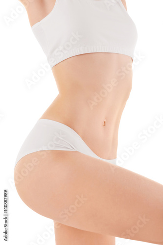 Beautiful young woman body on white background, closeup