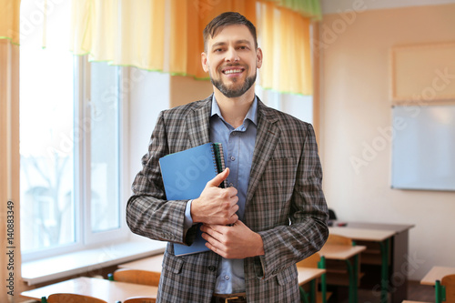 Portrait of happy teacher in classroom