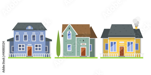 Cute colorful flat style house village symbol real estate cottage and home design residential colorful building construction vector illustration.