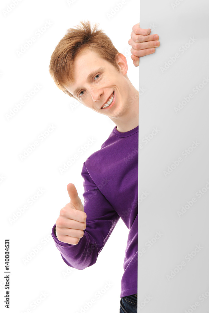 Teenager with poster on white background Teenager with poster on white background