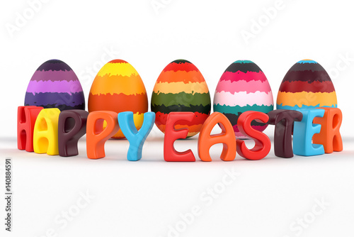 Happy easter 3d  text  Colorful striped eggs. 3D illustration