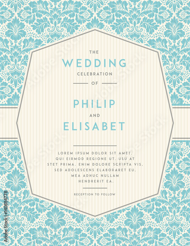Vintage Wedding Invitation template. Vintage design. Wedding Invitation design with damask abstract background. Tradition decoration for wedding. Vector illustration