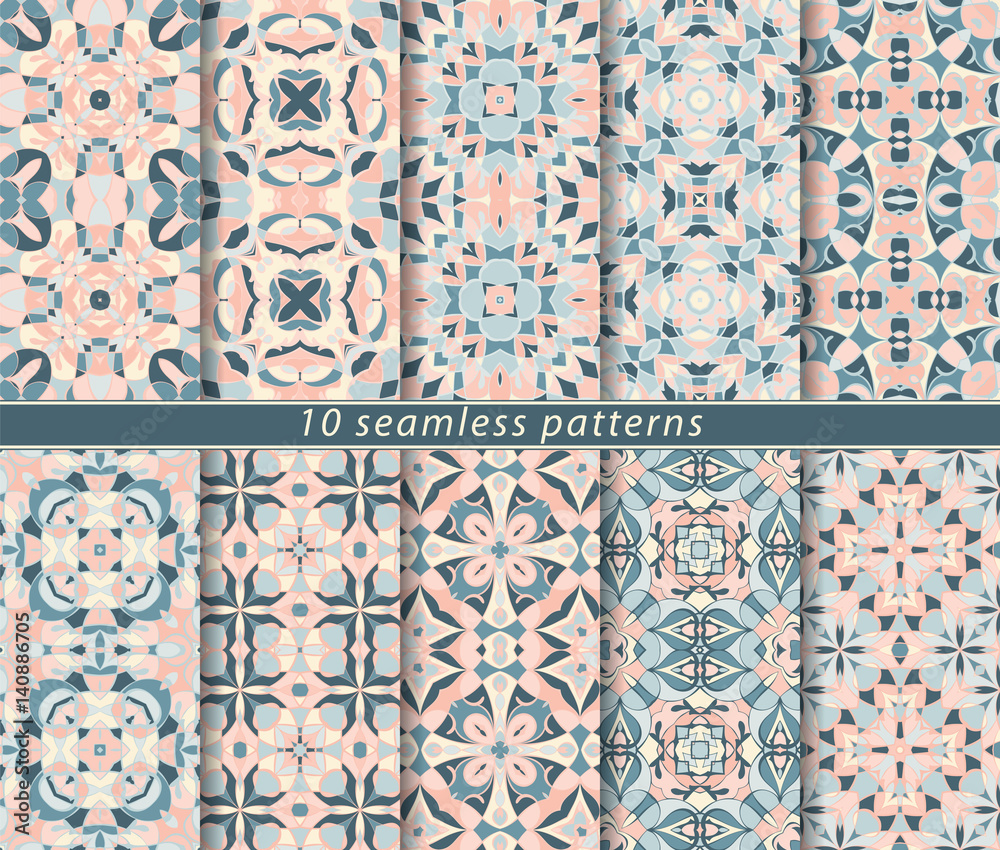 Ten seamless patterns in Oriental style. Eastern ornaments for design fabric, wrapping paper or scrapbooking. Vector illustration in blue and pink colors.