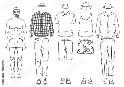 Fashionable man paper dall with clothes. Modern clothing ,casual hipster style for men. Hand drawing stylish outfit for young man.
