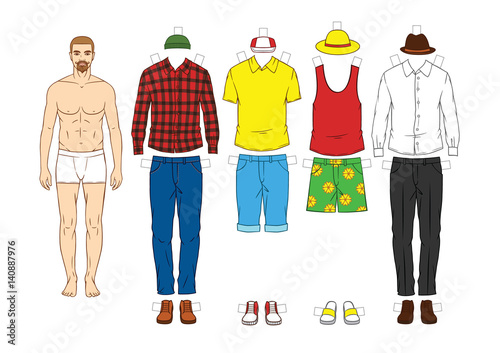 Fashionable modern set of clothes for men. Modern clothing ,casual hipster style for men. Hand drawn stylish outfit for young men. Men's paper doll with clothes