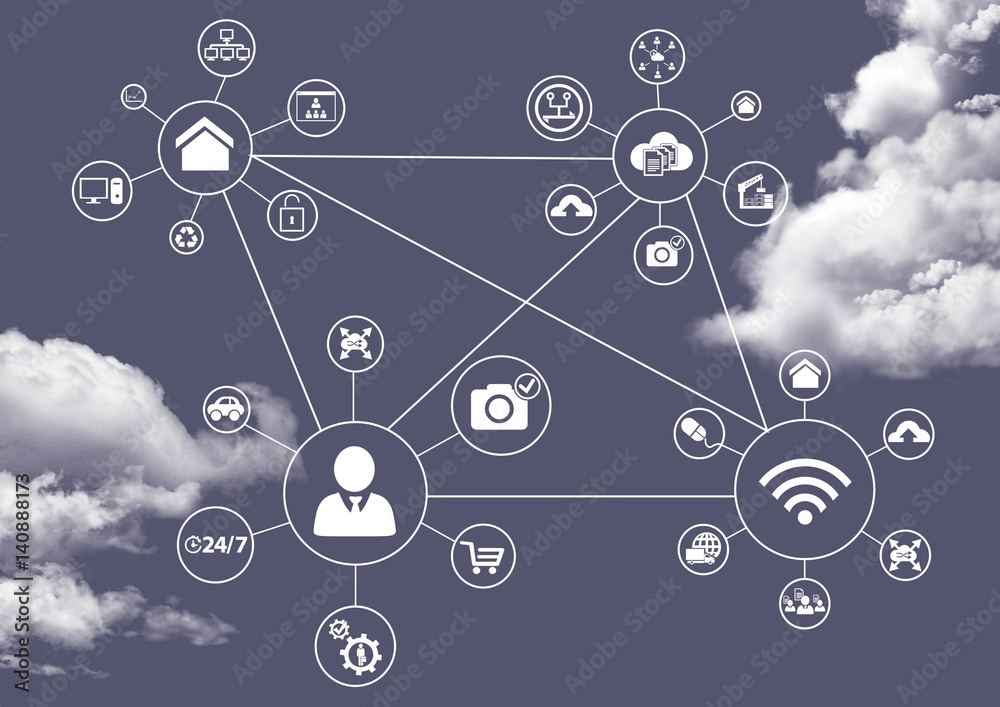 Connecting icons with clouds in background Connecting icons with clouds in background