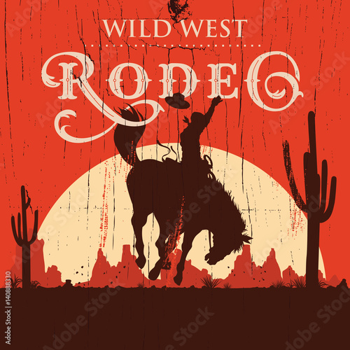 Plakat Rodeo kowbojski jeździecki dziki koń na drewnianym znaku, wektor
