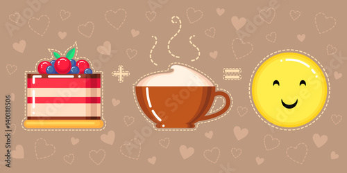 vector illustration of cake, cappuccino cup and smiling yellow face on brown background with hearts