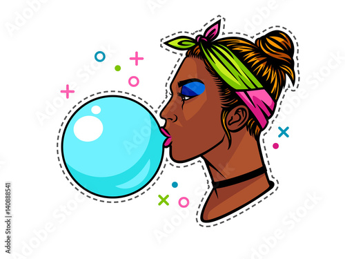 Dark skin teenage girl in 90s style. Young afro american girl with bubble gum. Face of girl from 90s in profile