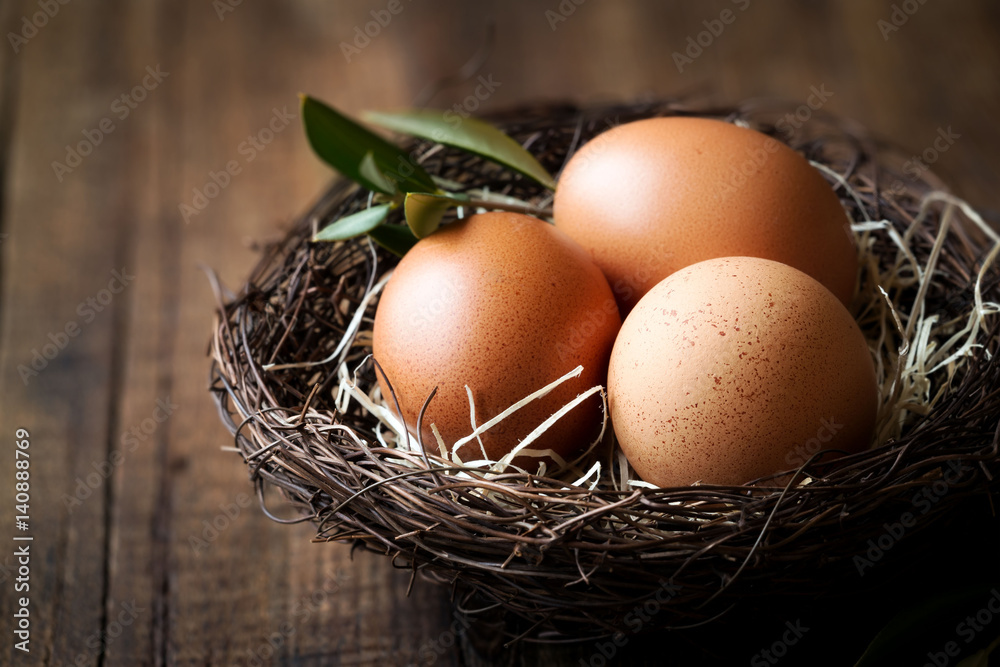 Happy Easter concept - rustic bird nest with three fresh eggs and an olive branch against dark rustic wooden background Happy Easter concept - rustic bird nest with three fresh eggs and an olive branch against dark rustic wooden background