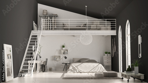 Scandinavian minimalist loft bedroom with home office, dark black walls, classic interior design