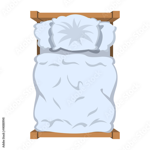 Bed with white linen, top view. White bedclothes, blanket and pillow. Vector illustration.