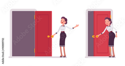 Set of young attractive secretary opening and closing the door