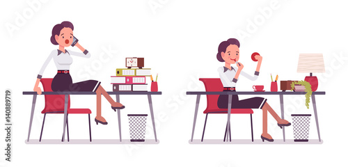 Set of young attractive secretary sitting at, on the office desk