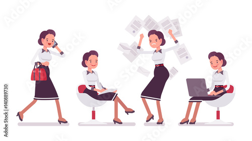 Set of young attractive secretary in office scenes