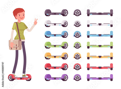 Girl and set of multicolor gyroscooters