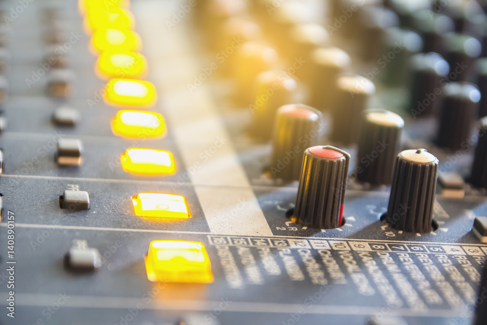 Audio mixing console closeup.