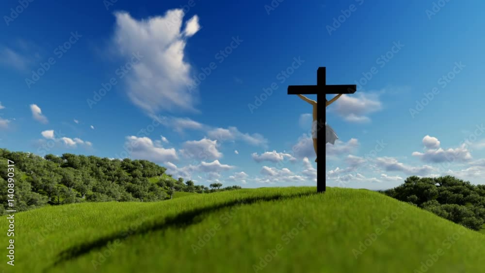 Silhouette of Jesus with Cross over blue sky, religious concept Silhouette of Jesus with Cross over blue sky, religious concept