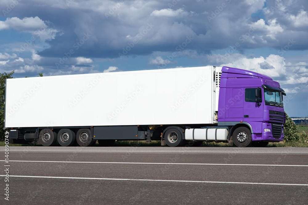 Truck on road with white blank container, blue sky, cargo transportation concept