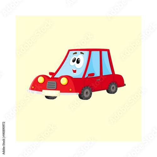 Cute and funny red car, auto character with human face, surprised, excited, curious, cartoon vector illustration isolated on white background. Funny red car character, mascot, awed and surprised