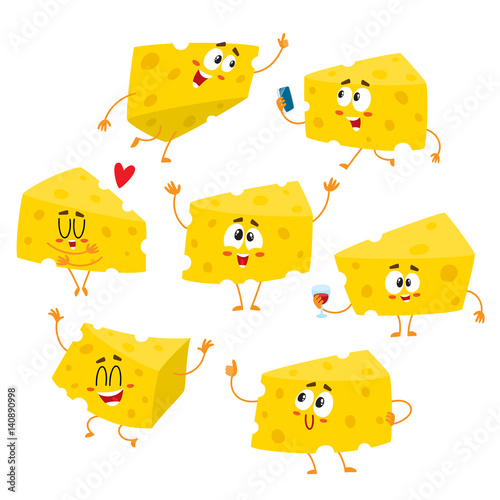 Set of cute and funny cheese chunk character showing different emotions, cartoon vector illustration isolated on white background. Funny cheese character, mascot with human face and various emotions