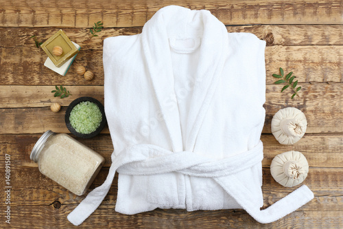 Beautiful spa composition with bathrobe and accessories photo