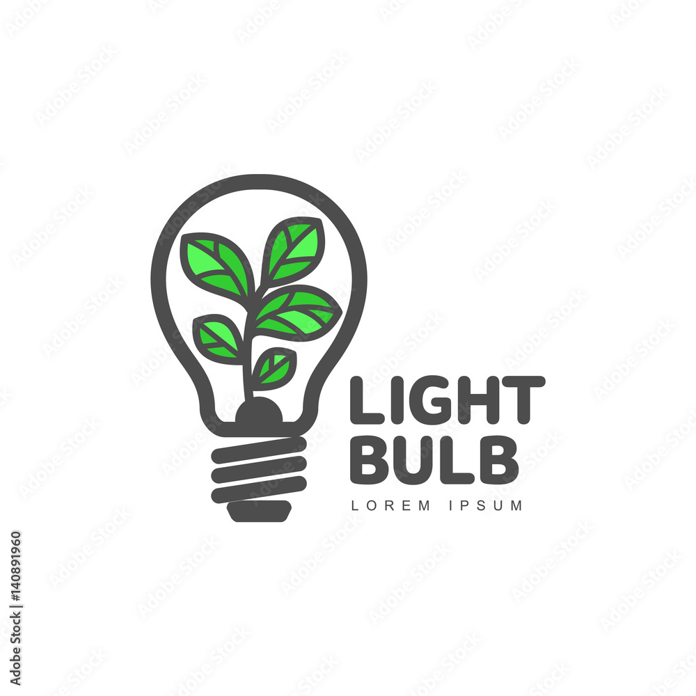 Logo template with plant growing inside light bulb, ecology, growth, development concept, vector illustration isolated on white background. Line art logotype, logo design with light bulb and plant Logo template with plant growing inside light bulb, ecology, growth, development concept, vector illustration isolated on white background. Line art logotype, logo design with light bulb and plant