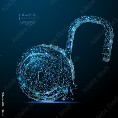 Abstract image of a open lock in the form of a starry sky or space, consisting of points, lines, and shapes in the form of planets, stars and the universe. Vector business wireframe concept.