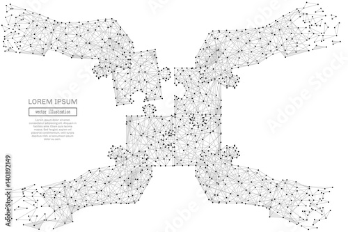 Abstract mash line and point hands collect puzzle on background with an inscription. Teamwork concept. Starry sky or space, consisting of stars and the universe. Vector business illustration