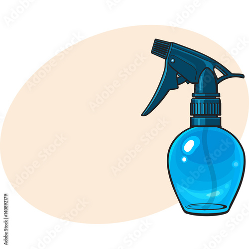 Unlabeled, transparent plastic hairdresser spray bottle, sketch style vector illustration with place for text. Hairdresser spray bottle, detergent, window cleanser liquid dispenser