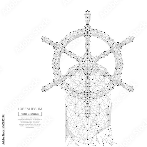 Abstract mash line and point steering wheel on the boat on background with an inscription. Starry sky or space, consisting of stars and the universe. Vector business illustration
