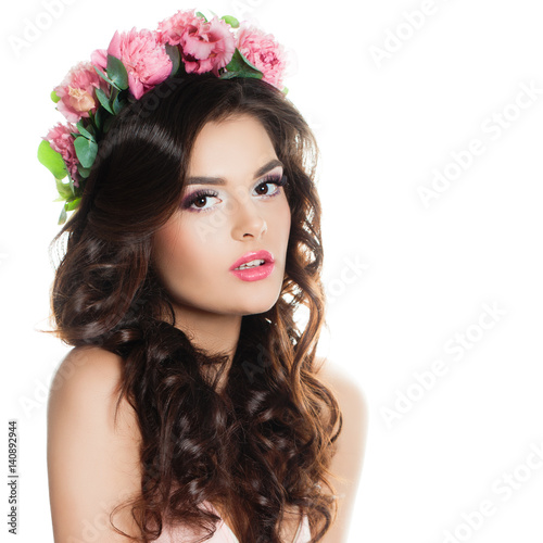 Young Pretty Woman Fashion Model with Makeup and Flower Isolated on White Background