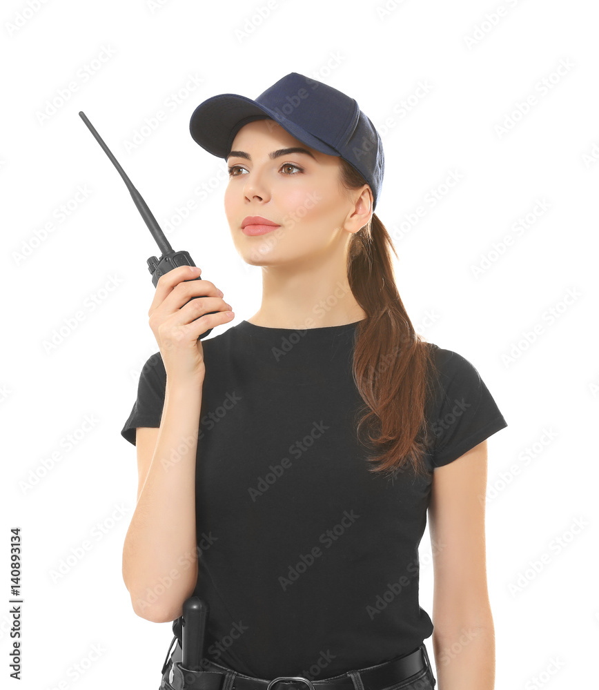 Beautiful young woman in security uniform on white background Beautiful young woman in security uniform on white background