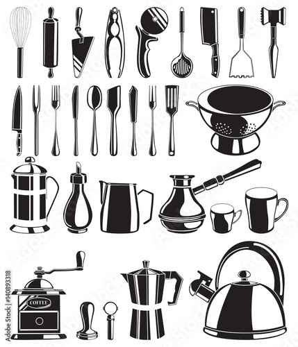Set of black hand drawn kitchen tools on white background