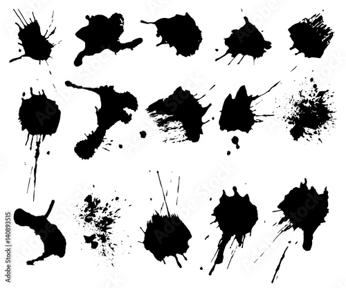 Set of black splash on white background. Ink grunge splashes