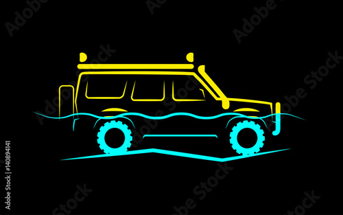 simple silhouette of an off-road car on half in water
