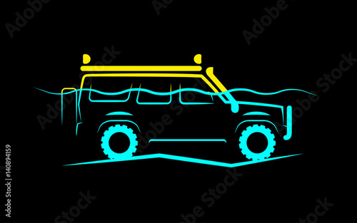 simple silhouette of an off-road car almost all in the water
