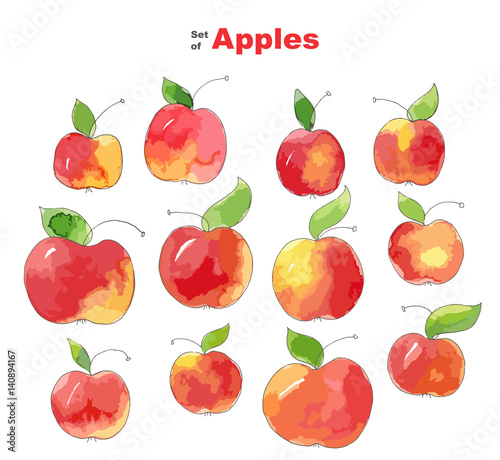 Hand drawn illustration doodle set of red apples with leaves and lettering Apple colored vector