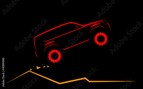 Simple silhouette of an SUV flies up on the mountain